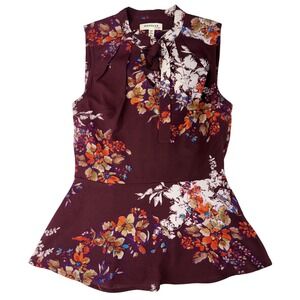 Monteau V-Neck Peplum Blouse Maroon Floral S Retro Sleeveless Boho Cottagecore